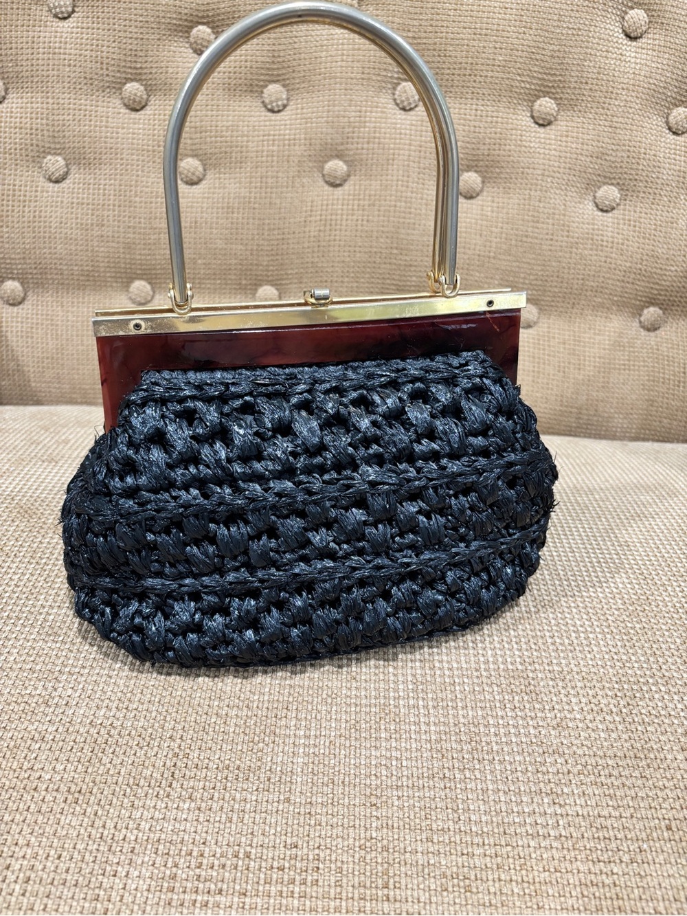 Vintage 1960s Walborg Marbled Tortoiseshell Resin Black Woven Evening Bag